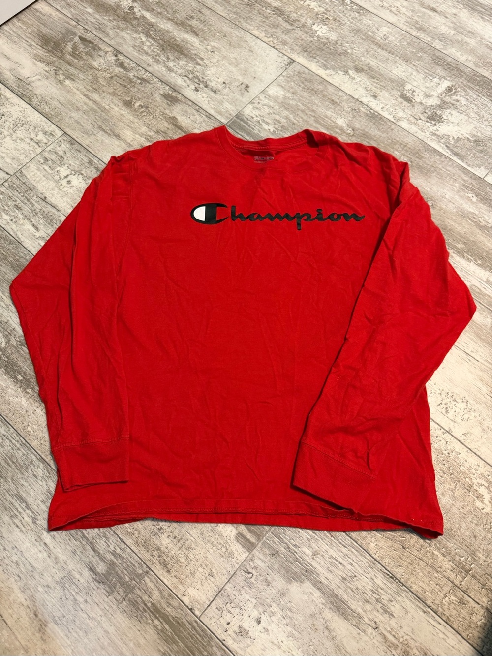 Champion Red Long-Sleeve Script Logo Tee